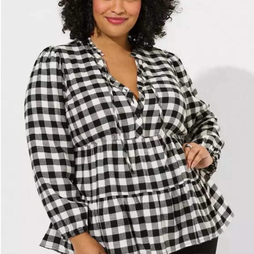 Babydoll Brushed Flannel Ruffle Collar Top in Black & White Check Size 3X